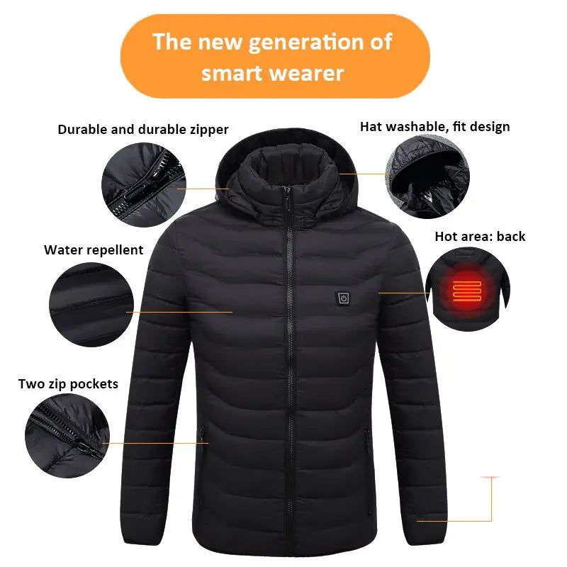 2021 NWE Men Winter Warm USB Heating Jackets Smart Thermostat Pure Color Hooded Heated Clothing Waterproof  Warm Jackets