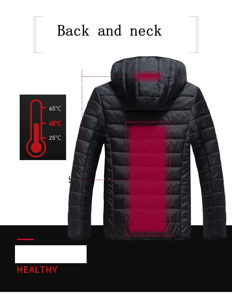 2021 NWE Men Winter Warm USB Heating Jackets Smart Thermostat Pure Color Hooded Heated Clothing Waterproof  Warm Jackets