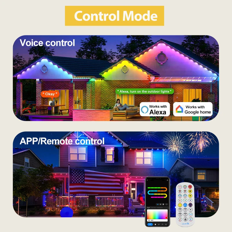 Outdoor Smart Eave Light 30LED15m 24V RGBIC Multi-Function App Control Christmas Decor Garden Garlands Halloween Holiday DIY