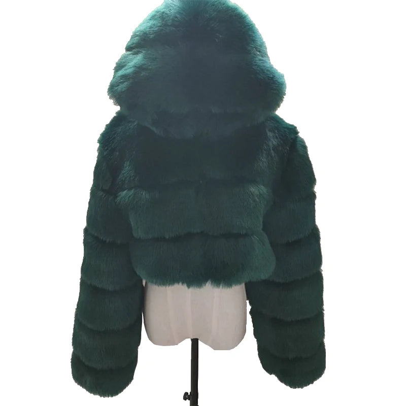 High Quality Furry Cropped Faux Fur Coats and Jackets Women Fluffy Top Coat With Hooded Winter Fur Jacket Manteau Femme