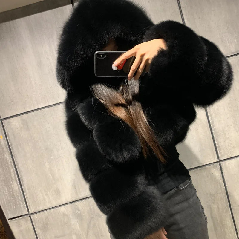 High Quality Furry Cropped Faux Fur Coats and Jackets Women Fluffy Top Coat With Hooded Winter Fur Jacket Manteau Femme