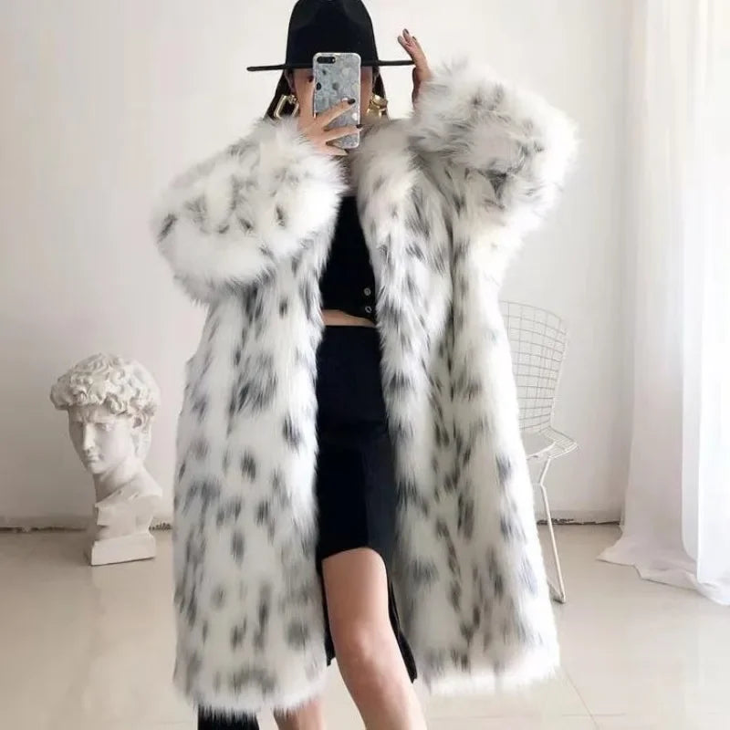 Fur Coat Jackets Fashion Spot Printed Faux Outwear Fur Trench Women Long Sleeve Casual Imitation Winter Keep Warm Long Coats