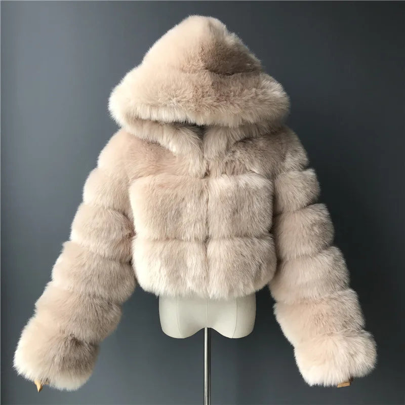 High Quality Furry Cropped Faux Fur Coats and Jackets Women Fluffy Top Coat With Hooded Winter Fur Jacket Manteau Femme