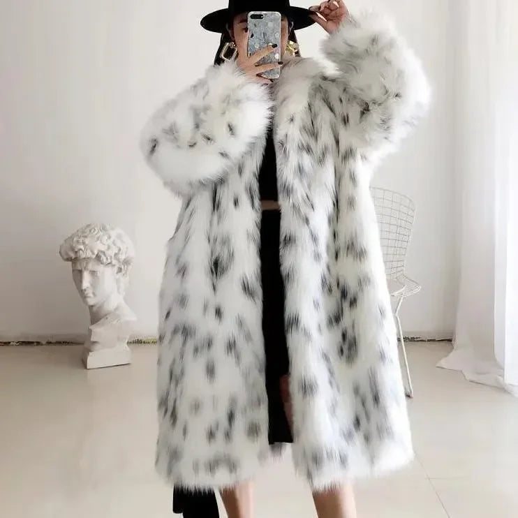 Fur Coat Jackets Fashion Spot Printed Faux Outwear Fur Trench Women Long Sleeve Casual Imitation Winter Keep Warm Long Coats